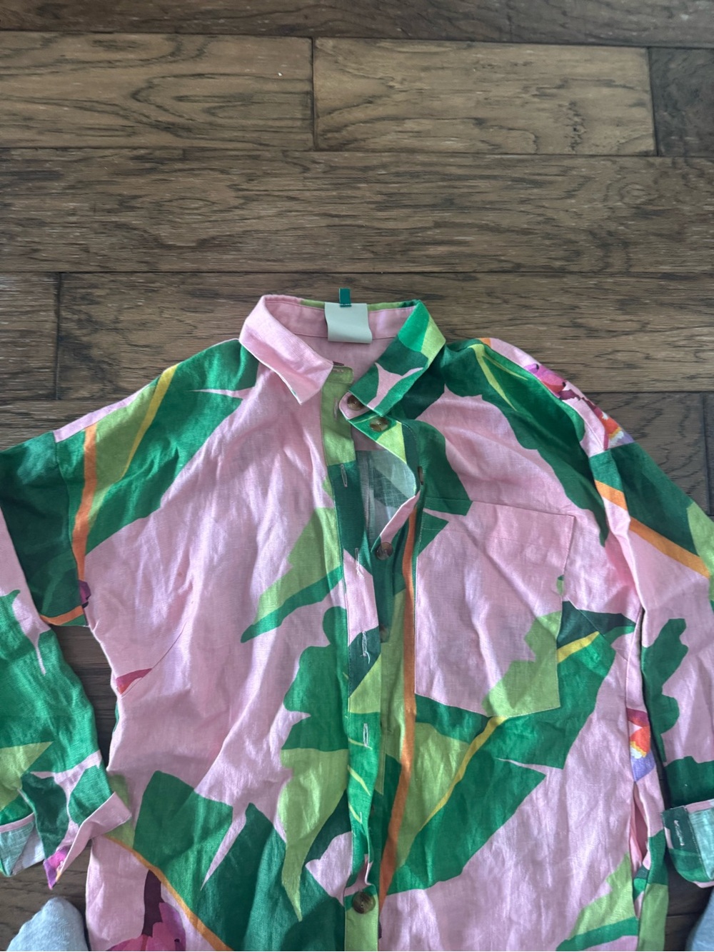 FARM Rio Pink Tropical Print Button-Up romper with Green Leaves - Picture 2 of 3